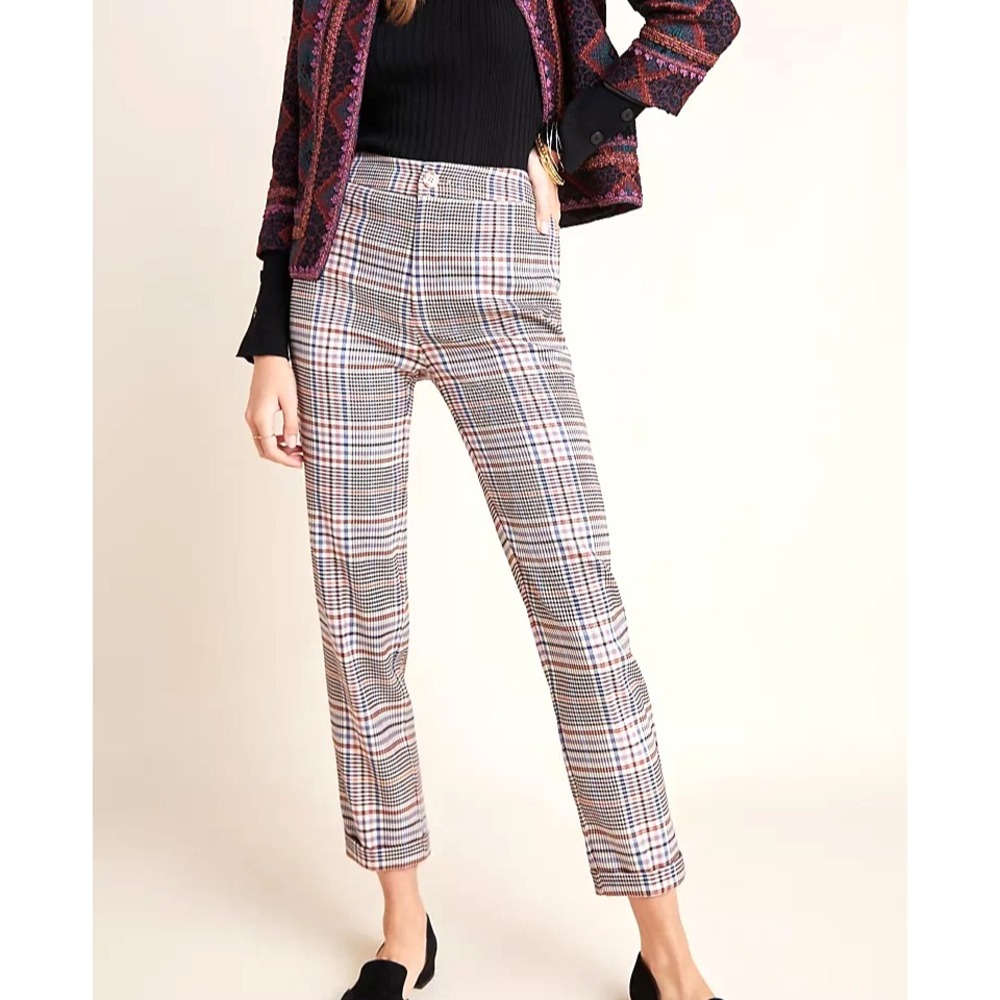 ANTHROPOLOGIE Beige/Multi SLIM Tapered Cuff Leg MALCOLM PLAID TROUSERS/PANTS 8